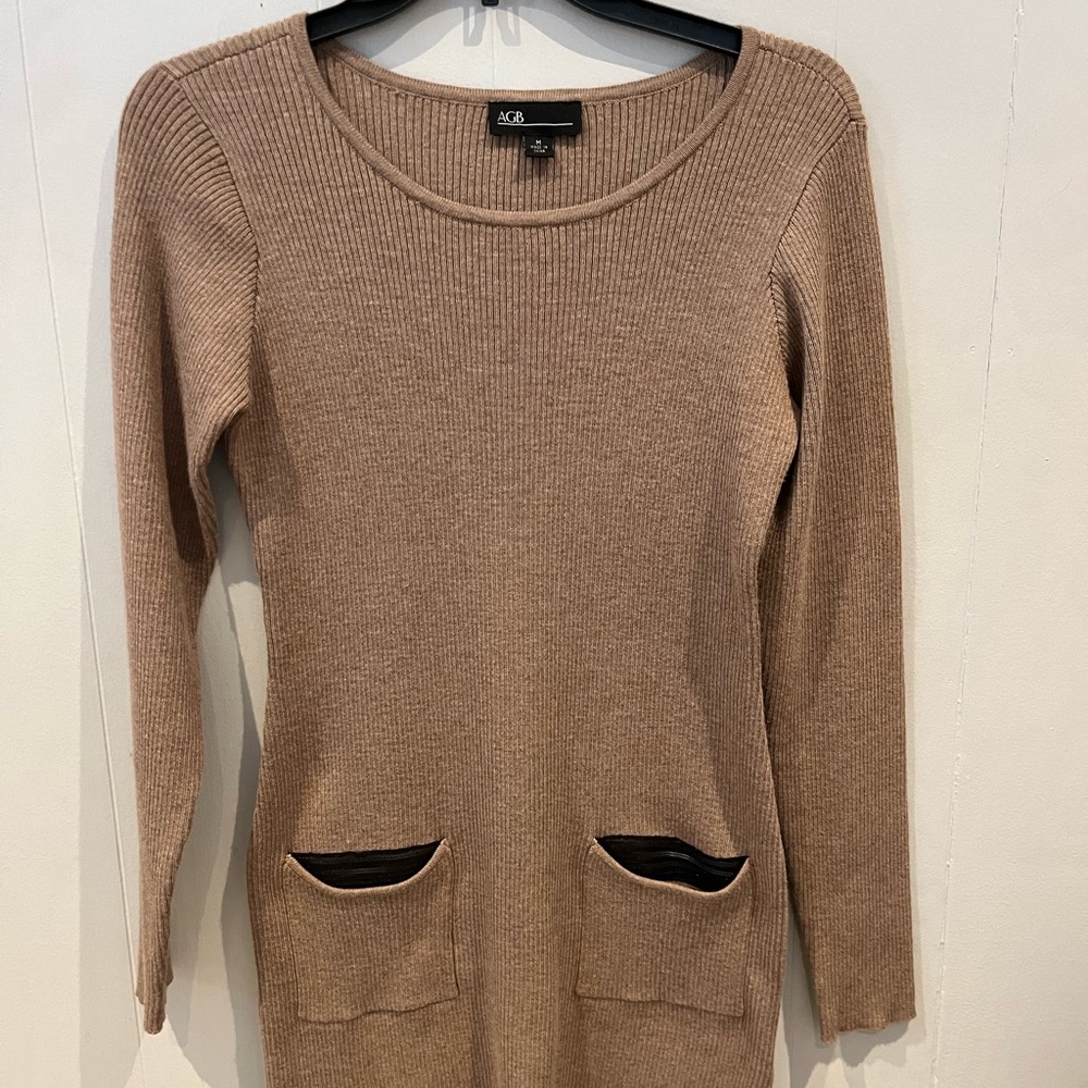 AGB sweater dress. Light brown with dark brown sequined front pockets.